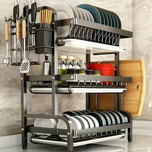 2026 Model Three-Tier Space-Saving Kitchen Countertop Dish Rack Kitchen Countertop Storage Rack with Cutting Board Large-Capacity Drain Rack Three-Tier Kitchen Dish Rack with Plate Holder Suitable for Plates, Cutlery, Spoons, and Forks Black