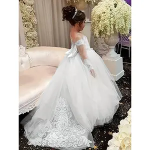Girls' 9/16 Sleeve Puff Sleeve Princess Dress with Big Bow, Elegant Long Tulle Wedding Dress for, 12 & Under, A-Line Silhouette,, Dry Clean Only, Perfect for Performances & Special Occasions