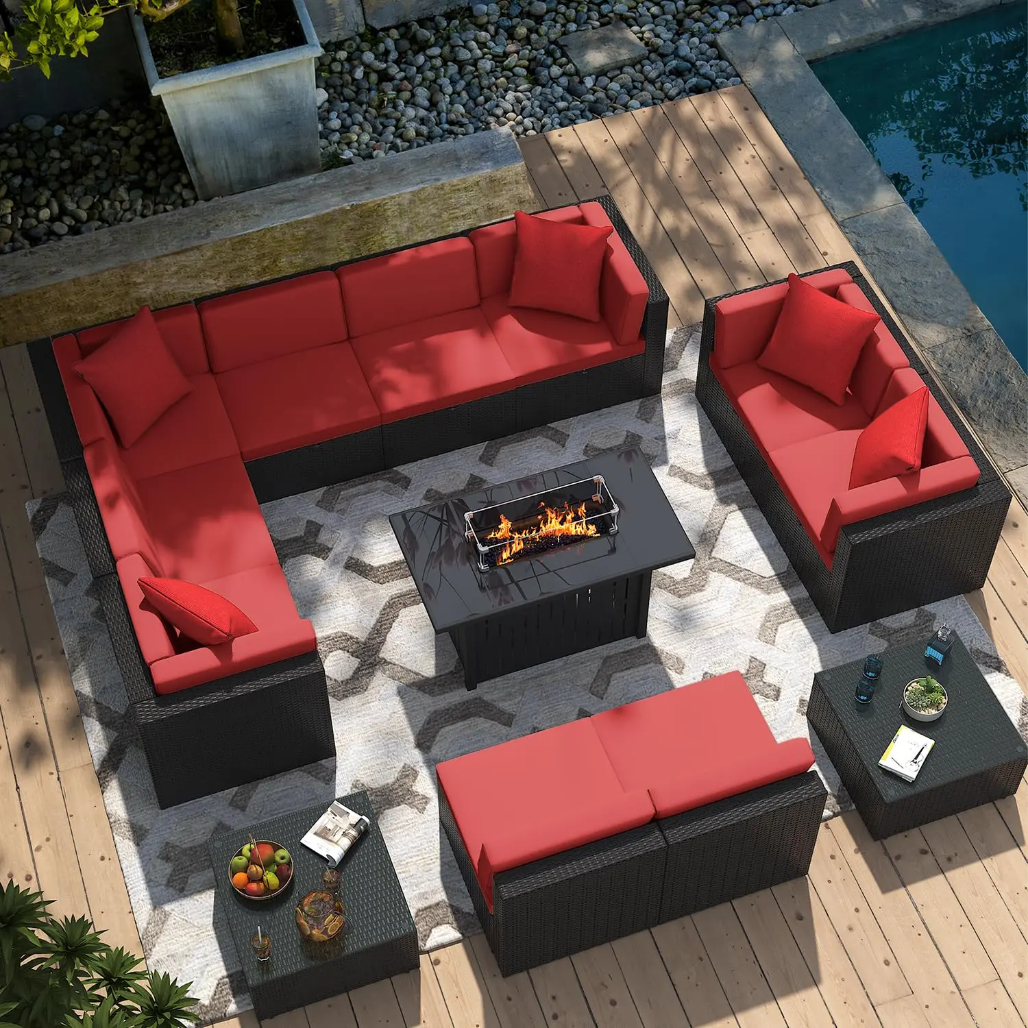 HOMALL Patio Furniture Sets 13-Pieces Outdoor PE Rattan Sectional Sofa w/43in Gas Fire Pit Table 55000 BTU Add Warmth to Gatherings Parties On Deck Garden Backyard, Onesize, Patio Dining Set, Rattan Conversation Sets