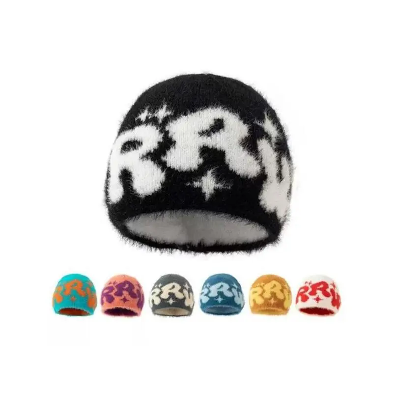 Unisex Jacquard Letter Fur Hats, Super Soft Faux Fur-Lined Knit Winter Hat with a Warm Loose Fit - BlackFriday Special