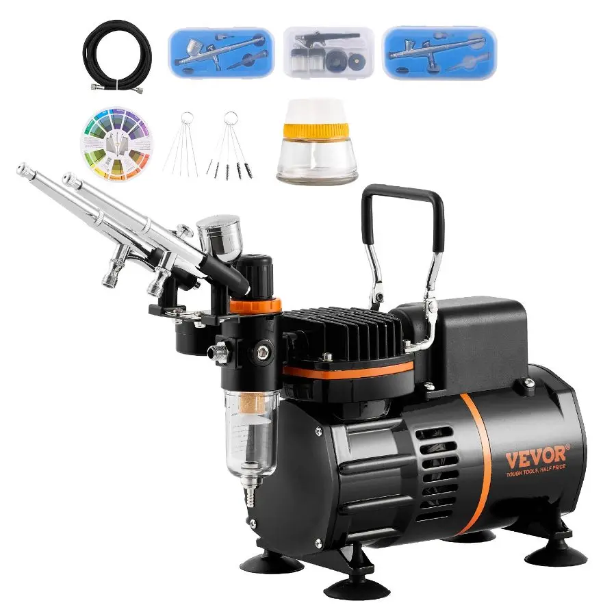 VEVOR Professional Airbrush Tool Kit with Dual Fan Air Compressor, 3 Airbrushes, Holder, Color Mixing Wheel, Cleaning Brush Set for Makeup, Art, Nail Design, For Art Nail