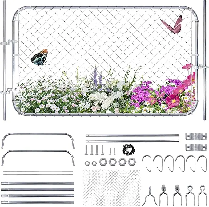 Galvanized Rust-Resist Steel Chain Link Fence Gate with Posts, Latch, Door Frame, Hinges & Cable Ties, 48x72in Outdoor Security Mesh, Adjustable Panel, Tool-Free Install w/Assembly Guide, Custom Fit for 2-6ft W x7ft H Garden Driveways, Small Animal Block