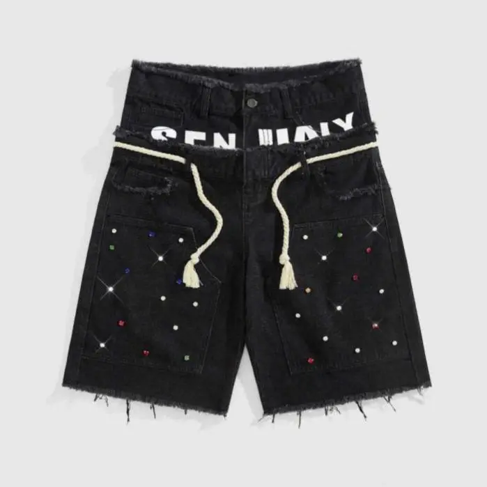 Men's Denim Jean Shorts - Summer Street-Style Printed, Rhinestone Double Waistband, Loose Wide-Leg Casual Menswear Bottoms