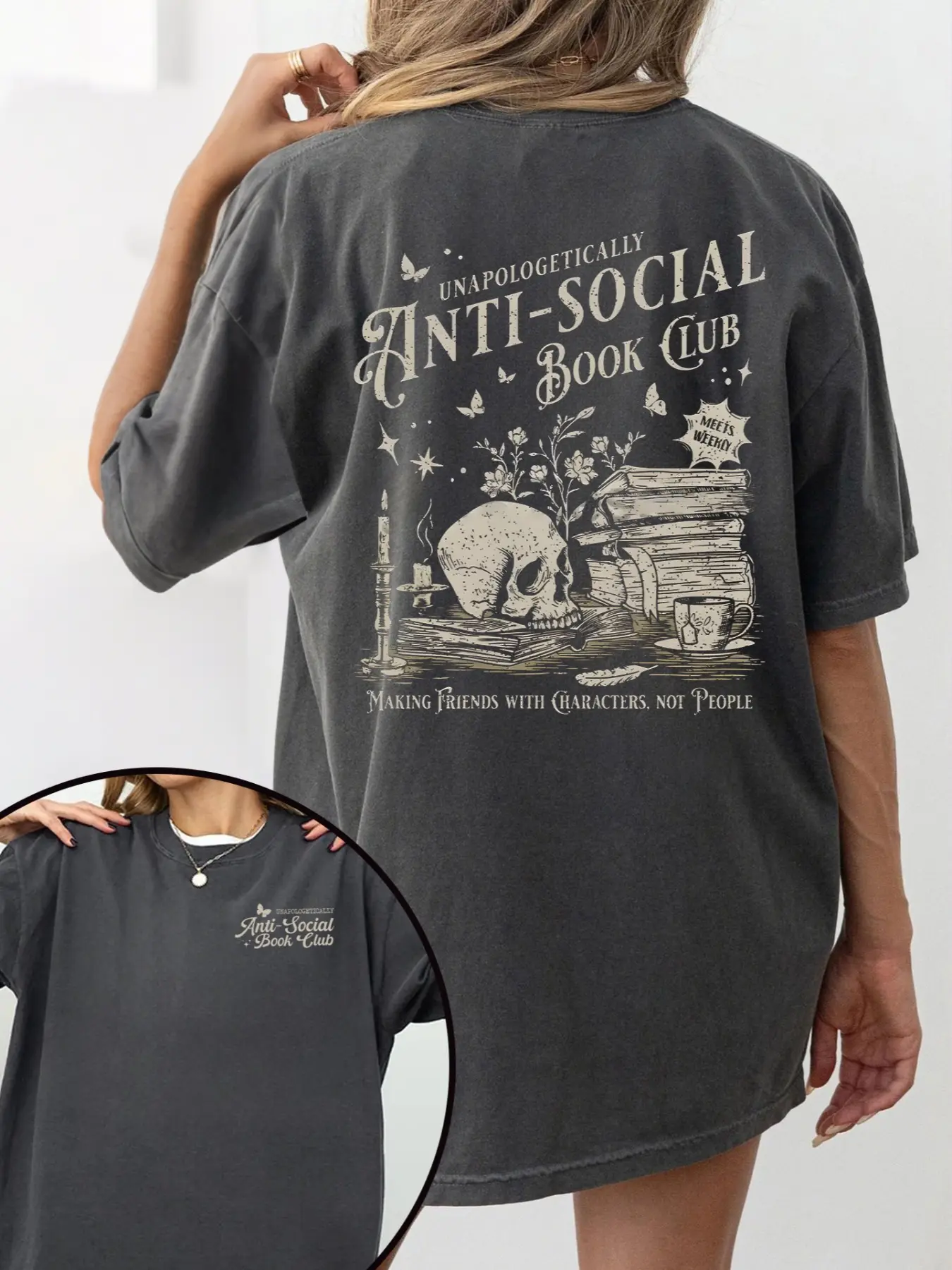 Goth Anti-Social Book Club" printed, Floral Graphic Streetwear T-shirt, Summer loose casual Chic T-shirt with literary slogans, gift for book lovers and dark style enthusiasts, suitable for book club gatherings, lazy weekends, Everyday, unique design