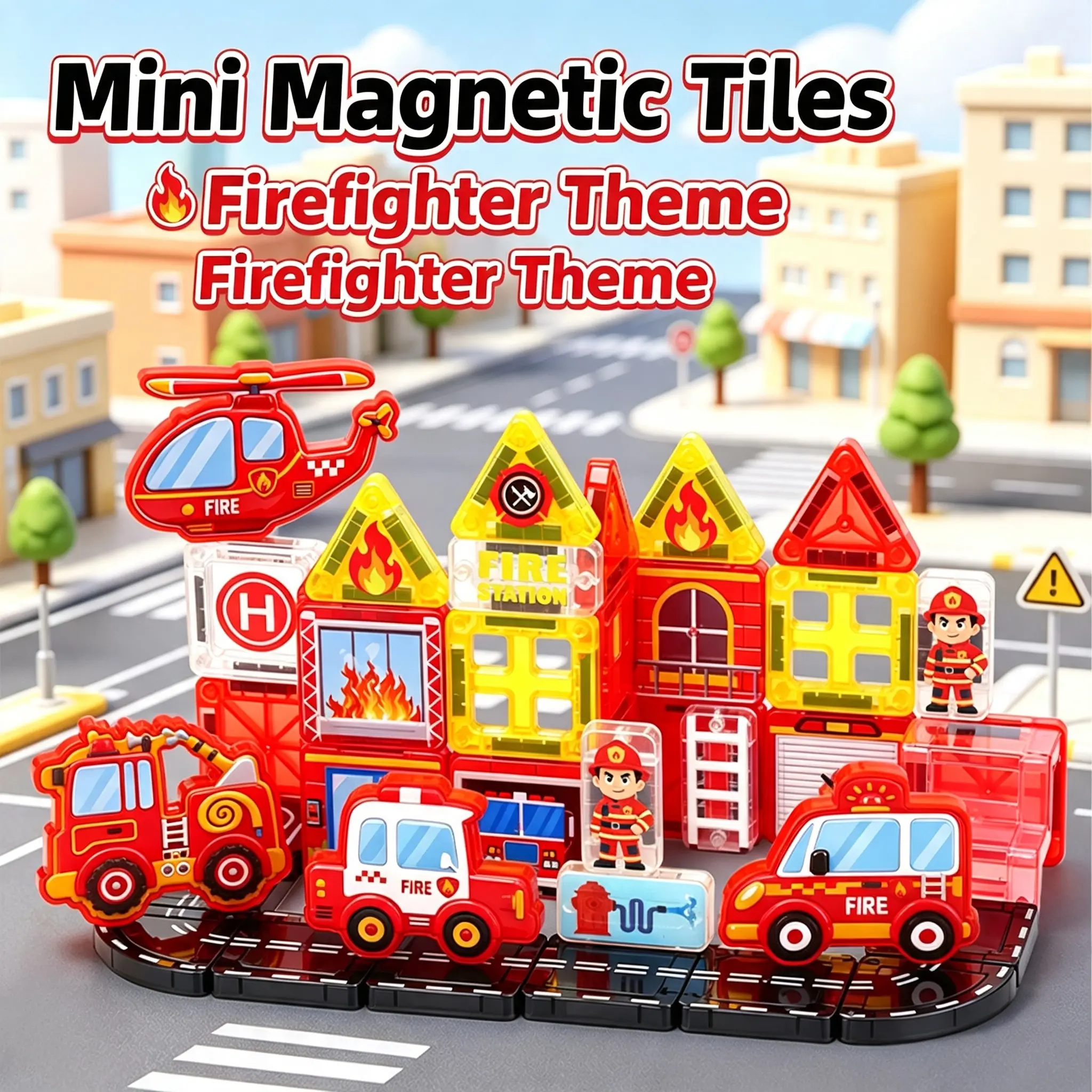 Kids Mini Magnet Tiles City Building Playset - 3 Themes (Fire Rescue, Police, Engineering), Safe Plastic STEM Construction Toy with Portable Metal Storage Box, City Theme Creative Role-Play Gift for Toddlers 3+