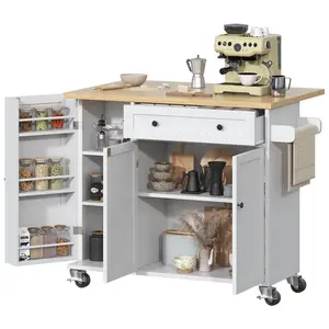 Kitchen Island with Drop Leaf, Island Table on Wheels with Storage Cabinet, Modern Sideboard Buffet with Doors, Rolling Kitchen Island Cart for Dinning Room,White