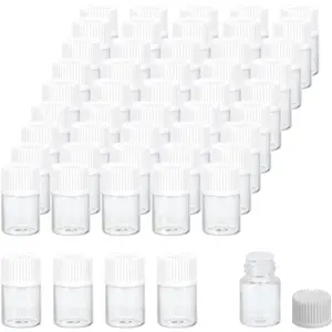 2ml Essential Oil Bottles, 50 Pack Clear Glass Bottles with Orifice Reducer Sample Vial Screw Cap Storage Vials Container Style 1, White Tin Canister