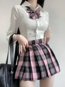 Vintage Sweet Cool School Uniform Jk Set, Long Sleeve Dress + Tie, Block, Plaid Pleated Skirt, Preppy Style, All Seasons Womenswear