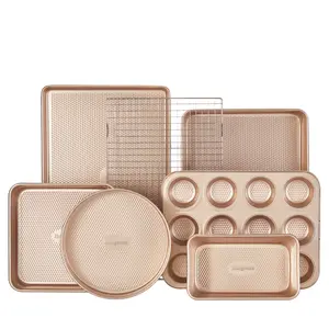 7-Piece Diamond-Texture Bakeware Sets,Non-Stick Baking Sheet Pan Set,Cookie Sheets ,Roasting Pan,Cookware,Gold,Baker Kitchenware Steel