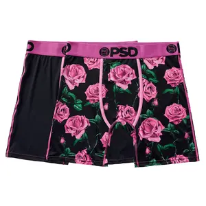 PSD Men's Pink Roses Boxer Brief 2 Pack - Standard Length 7 Inch Inseam, Soft and Breathable Cotton Blend Fabric