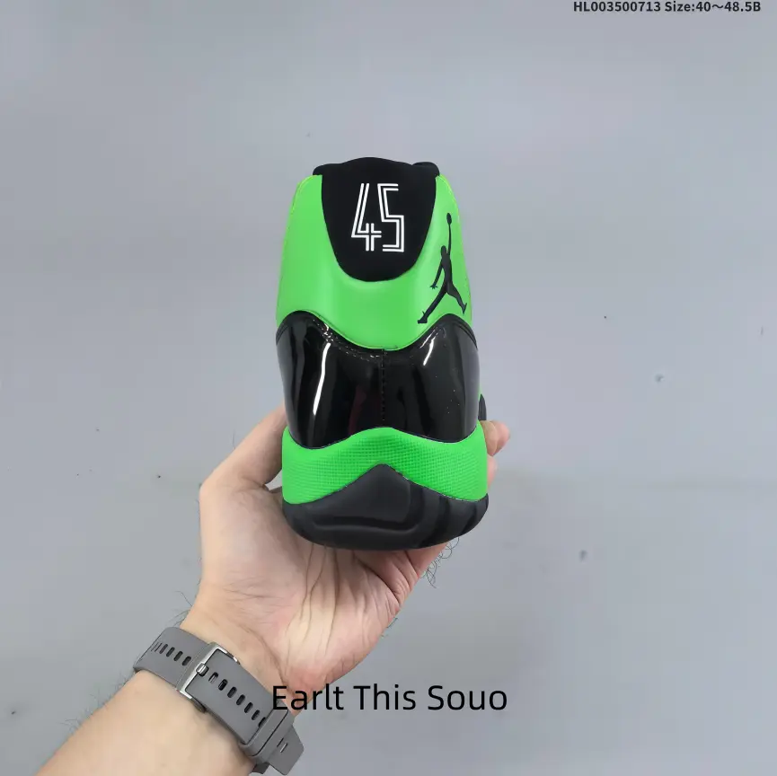 Minimalist neon green black color-block high-top sports shoes, distinct white number print and jump silhouette logo on heel, thick cushioned sole delivers soft shock absorption for long-time outdoor walking and ball games.