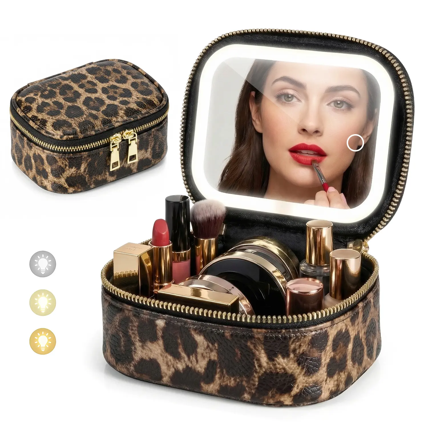 Lotosug Small Makeup Bag Travel Train Case with Mirror and Light Mini Travel Make up for Women Train Case Cosmetic Organizer 3 Adjustable Brightness Toiletry Bag Portable Artist Storage for Pool Parties, Work Touch-Ups