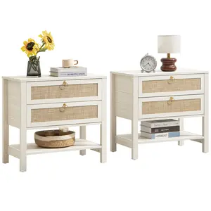 SICOTAS White Night Stand with Drawers and Storage Shelf - 15.5" x 26.7" x 25.6" Size Large Nightstands Rattan Decor Boho Bedside Table Narrow Side Table for  Small Space Bedroom Living Room Office, Ample Storage