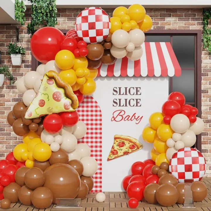 Pizza Balloon Garland Kit 140pcs Red Yellow with Pizza & Checked Foil for Baby Shower Party