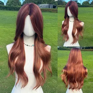 SMILCO/28Inch Highight Copper With Brown Long Wave Synthetic Wig/SM536