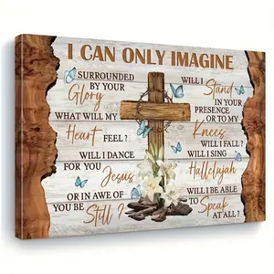 Rustic Christian Cross Lily Framed Canvas Print, I Can Only Imagine Religious Wall Art, Perfect Baptism Christmas Comfort Gift For Faith Believers Bedroom Living Room Decor