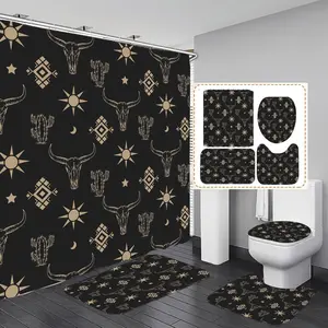 Geometric Bull Head Pattern Bathroom Accessories, 4 Counts/set Including Shower Curtain & Toilet Lid Cover & Mat & Toilet U-shape Mat Set, Bathroom Decoration Accessories, Bathroom Decorations, Home Goods, Shower Essentials, Shower Curtain Sets