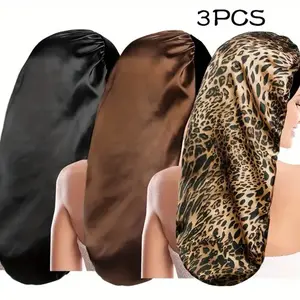3-Pack Extra Large Satin Sleep Bonnet Caps for Women, Unscented, Soft Versatile Night Hair Cover for Straight, Curly, Dreadlock, Braided Hairstyles