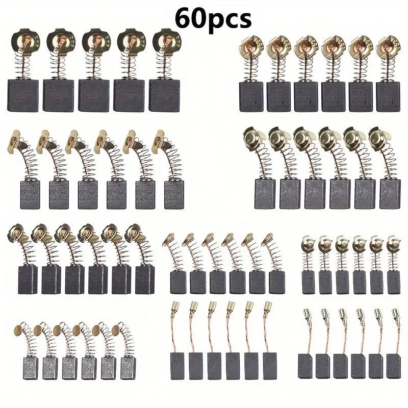 Multi-Size 60-Pcs/Box Graphite Motor Carbon Brushes Tool Kit Upgrade, 10 Sizes (5x8x15 mm, 7x17x19 mm) - Replacement Parts for Impact Drills, Circular Saws, Angle Grinders