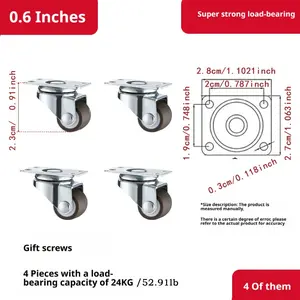 0.6 Inch Silent Swivel Wheels Set of Four with Screws, Load Capacity 24 Kg, Heavy Duty Durable and Quiet Rolling Casters Furniture Moving Wheels for Furniture