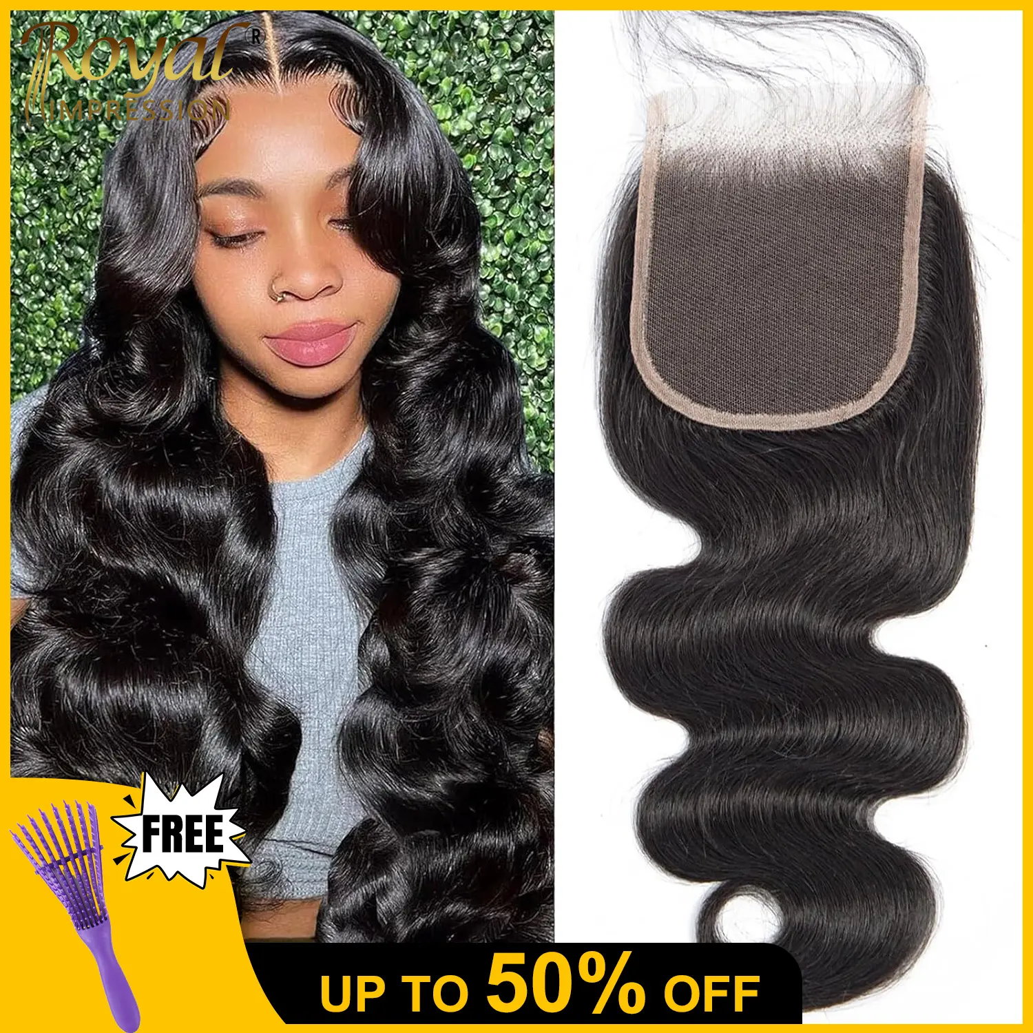 High Quality ROYAL IMPRESSION 4X4 Body Wave HD Lace Closure Human Hair Pre Plucked Natural Hairline With Baby Hair Brazilian Virgin Hair 12A Free Part Skinlike Lace Natural Black Color Body Wave Bundles