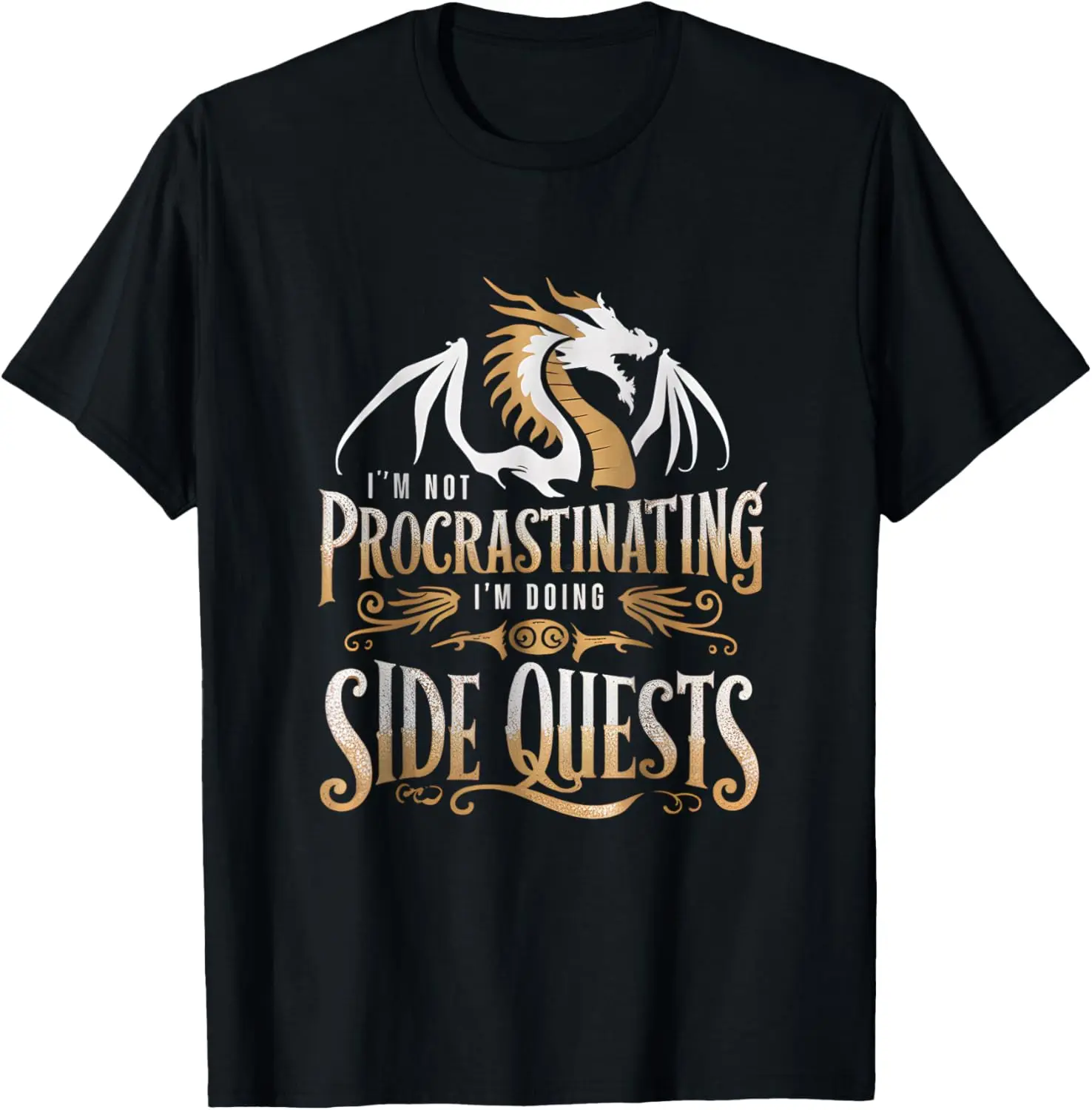 Epic Gamer Fantasy Adventure Apparel I'm Not Procrastinating I'm Doing Side Quests Dragon T-Shirt, Small, Black Pure Cotton Graphic Tees Menswear Top: Gifts for Men & Women