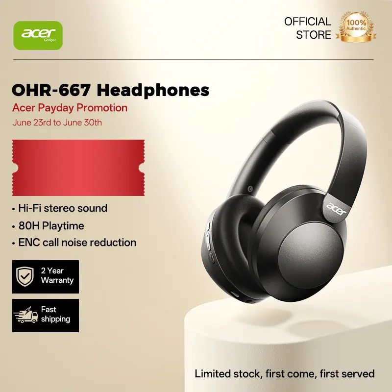 Acer OHR667 Over-Ear Wireless Bluetooth Headphones with Basic ANC--Up to 48-hour playtime, hybrid noise reduction and Hi-Fi sound, Foldable design with soft comfy ear cushions & built-in mic, Compatible with iOS & Android