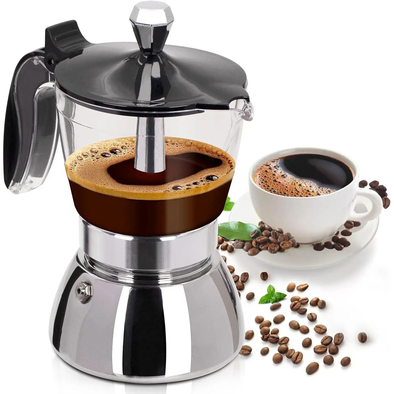 Clear Plastic Moka Pot 4 Cup 200ml Stainless Steel Coffee Maker Uncoated Stovetop Espresso Coffeemaker Italian Classic Style Brewing Greca Cafe Mocha for Cafeteras Camping Travel Home Use