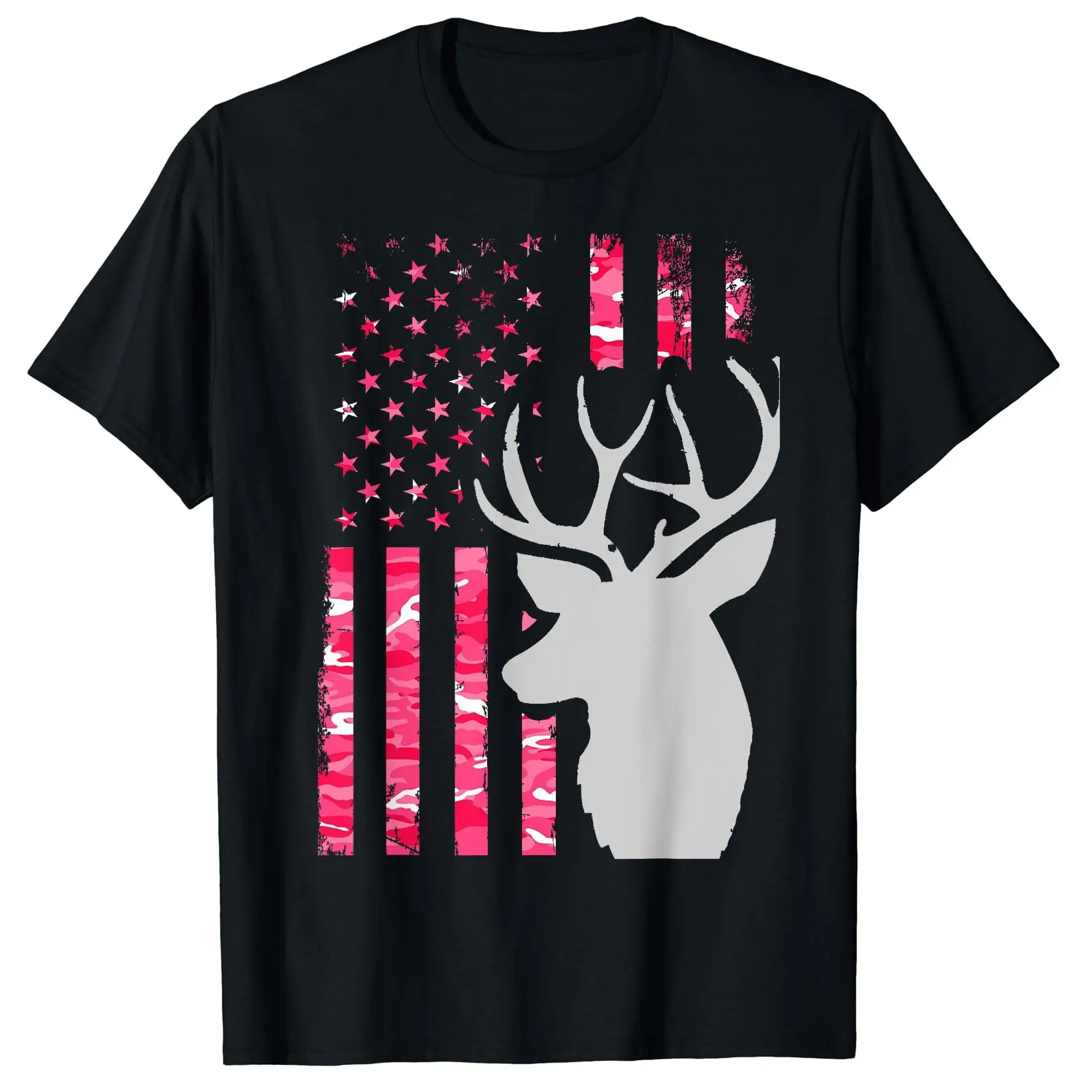 Lady's Short-Sleeve Pink Camo American Flag Fabric T-Shirt, Patriotic Outdoor Buck Hunting Deer Tee for Women