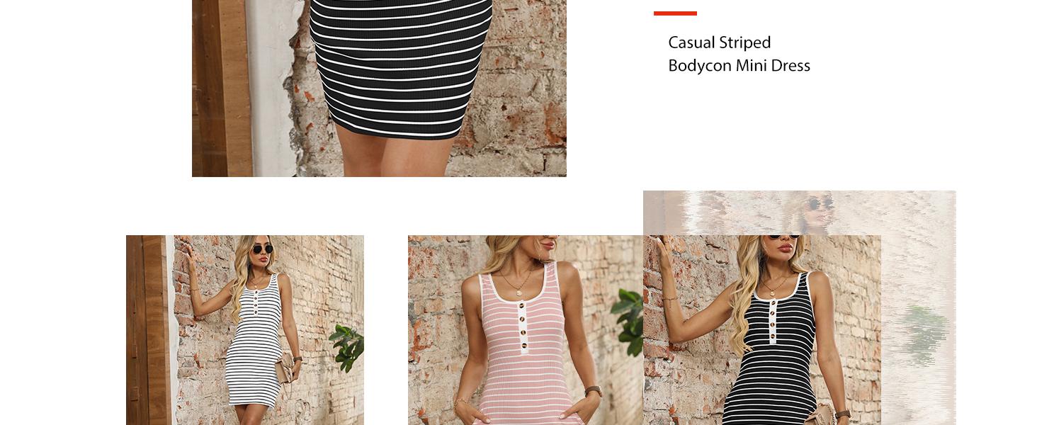 YORA Women's Square Neck Sleeveless Striped Henley Casual Basic Summer Tunic Bodycon Mini Dresses with Pockets