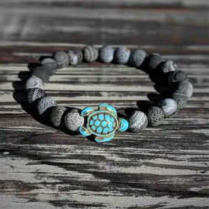 Weathering Agate Turtle Bracelet – 8mm Earth-Toned Gemstone Stretch with Turquoise Turtle