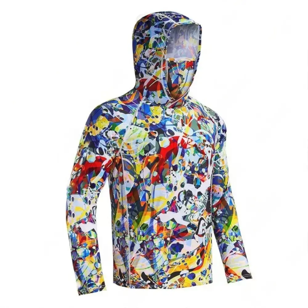 Men's Graphic Print Pullover Hoodie - Quick-Dry Breathable Long-Sleeve Sun Protection Fishing Hoodie with Face Mask for Hiking, Outdoor Ocean Design, Graphic Print Sweatshirt, Fishing Hoodies jacket