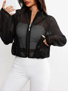 Women's High Neck Quick-Dry Mesh Yoga Jacket, Transparent Sexy with Pockets, Casual Sporty Long Sleeve Loose Fit Yoga Jacket Top, Sports Outerwear Workout Clothes