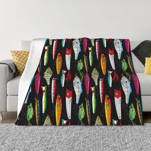 Colorful Fishing Lures print Throw Blanket, Cotton Flannel Home Decor, All Season Reversible Sherpa BeddingFather's Day Thanksgiving Halloween Valentine's Day Holiday Gifts summerwins