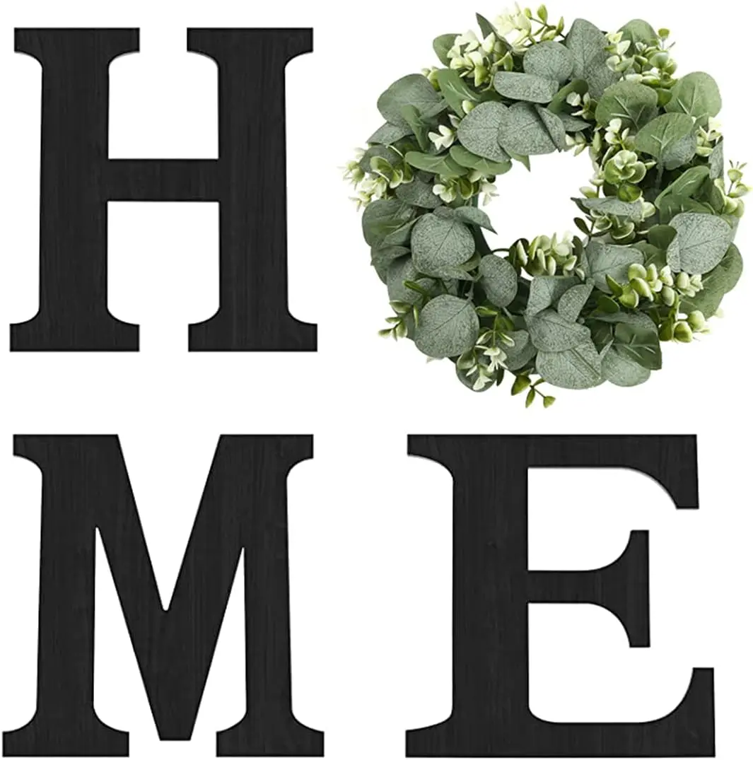 Wood Home Sign with Artificial Eucalyptus Wreath for O, Hanging Farmhouse Wall House Decor Wood Letters for Wall Art Rustic Home Decor, Wall Decor for Living Room Kitchen Entryway