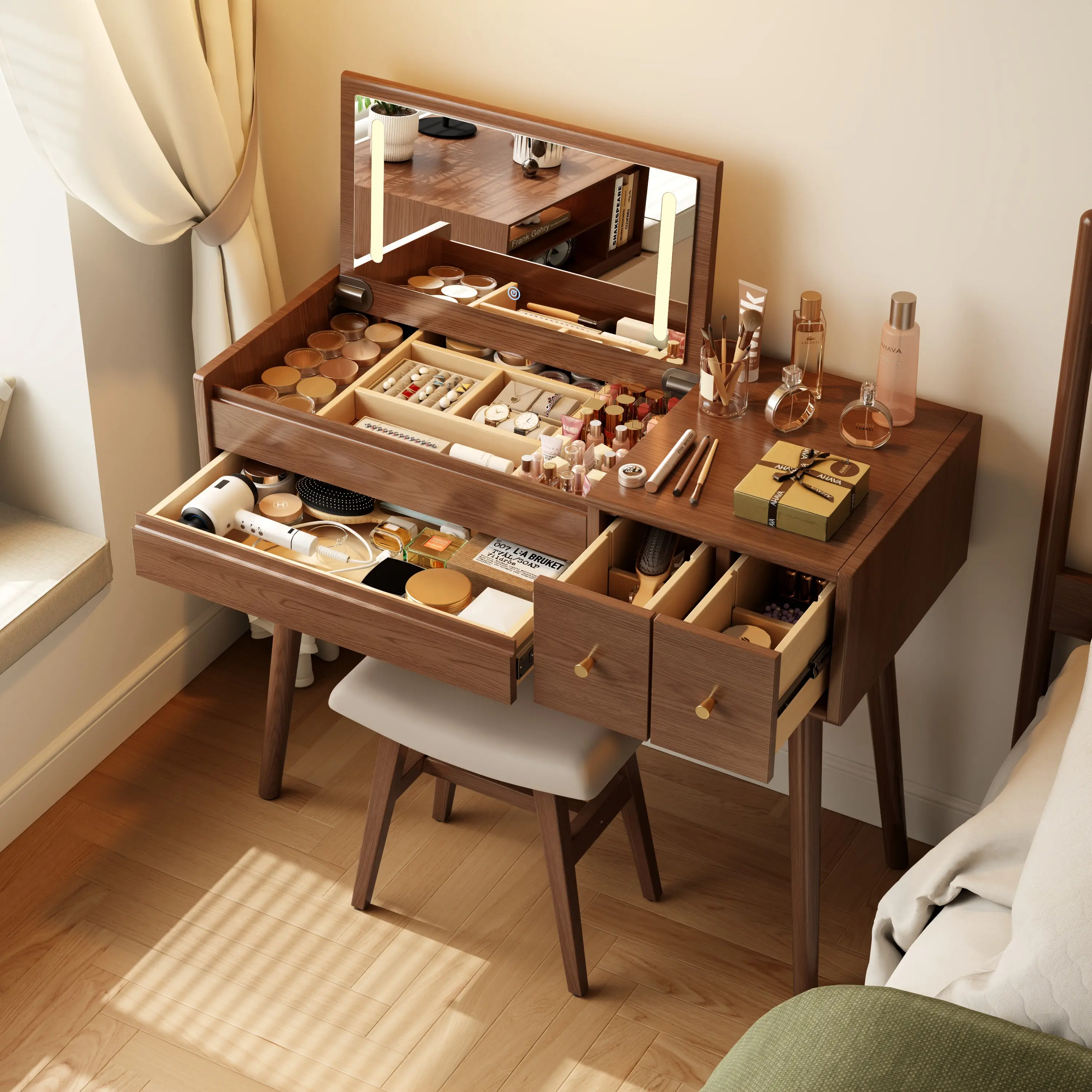 【Eco-Friendly】Elegant Handicraft Vanity, 100% Solid Wood - NO MDF, with Mirror and Lights, Dressing Vanity Table, Large Wooden Make Up Vanity Table for Bedroom (with Adapter)dressers for bedroom