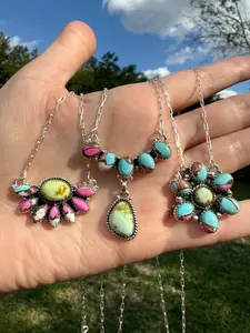 Cotton Candy Turquoise and Palomino Cluster Sterling Silver Necklace
