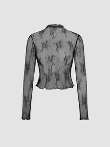 Women's Mock Neck Sheer Floral Lace Blouse, Elegant Long Sleeve Top for Daily Wear, Valentine's Day Gift for Girl, Ladies Clothes for All Seasons