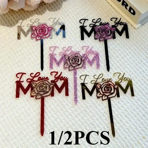 1pc Mother's Day Women's Day Acrylic Cake Topper with Roses, "I Love You Mom" Cake Decoration, Cake Decorating Supplies, Perfect for DIY Baking & Special Occasions, Wedding Cake Topper