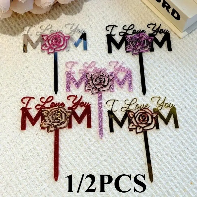 1pc Mother's Day Women's Day Acrylic Cake Topper with Roses, "I Love You Mom" Cake Decoration, Cake Decorating Supplies, Perfect for DIY Baking & Special Occasions, Wedding Cake Topper