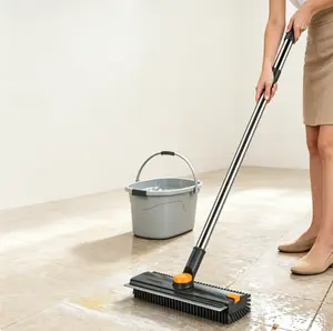 Floor Scrub Brush with Long Handle, 2-in-1 Stiff Bristle Cleaning Brush with Squeegee, Heavy-Duty Grout Brush for Tile, Bathroom, Kitchen, Deck, Deep Cleaning Scrubber for Tough Stains
