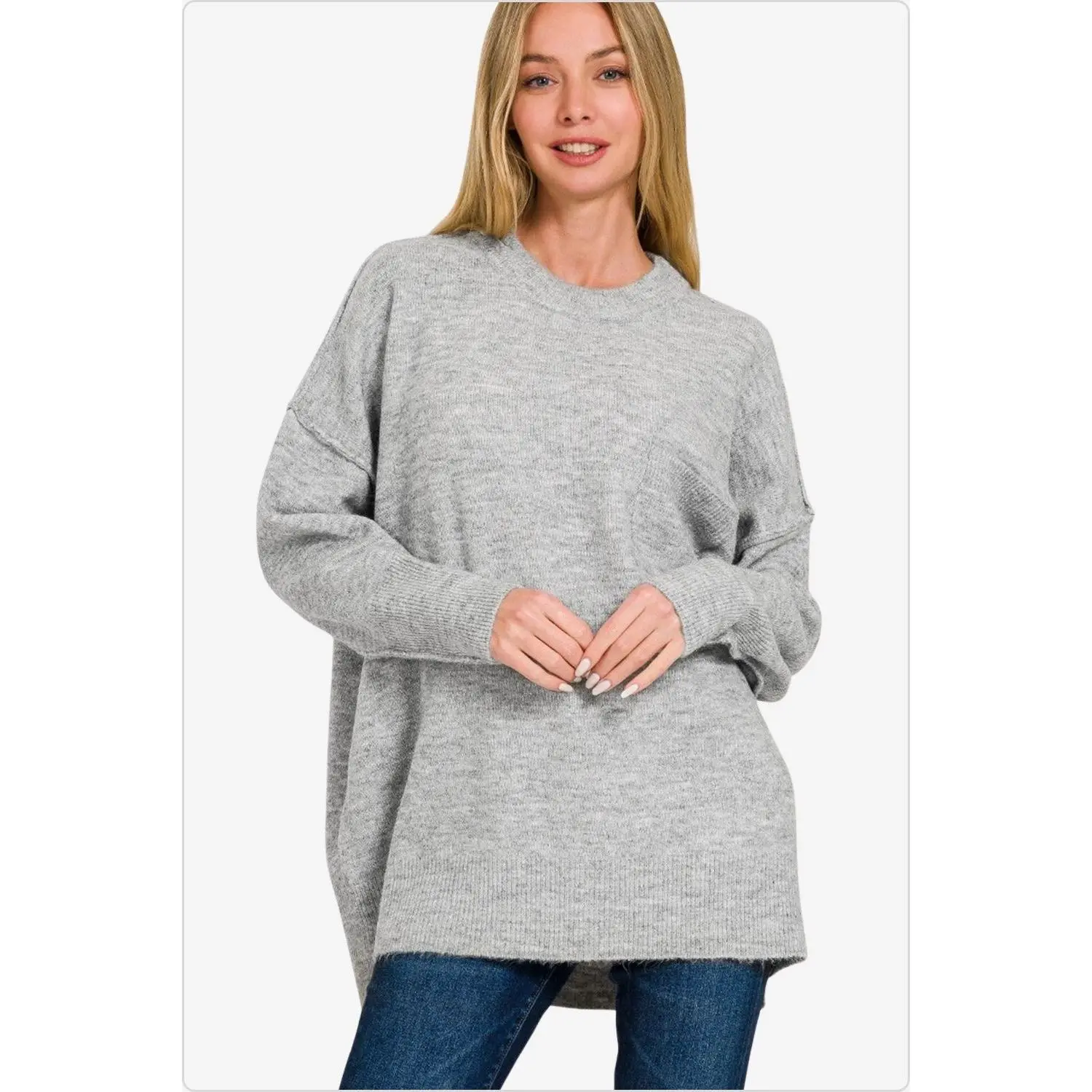 Women's Grey Cozy Hi-Low Hem Drop Shoulder Sweater