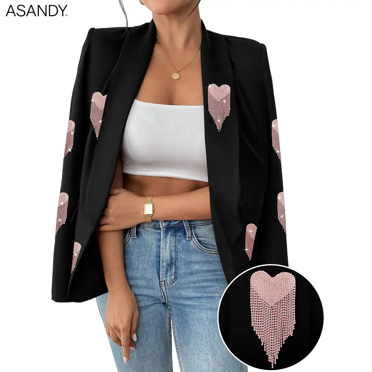 ASANDY Women's Chic Oversized Polyester Blazer with Sparkly Pink Rhinestone Heart Tassel Embellishments for Party & Date Night