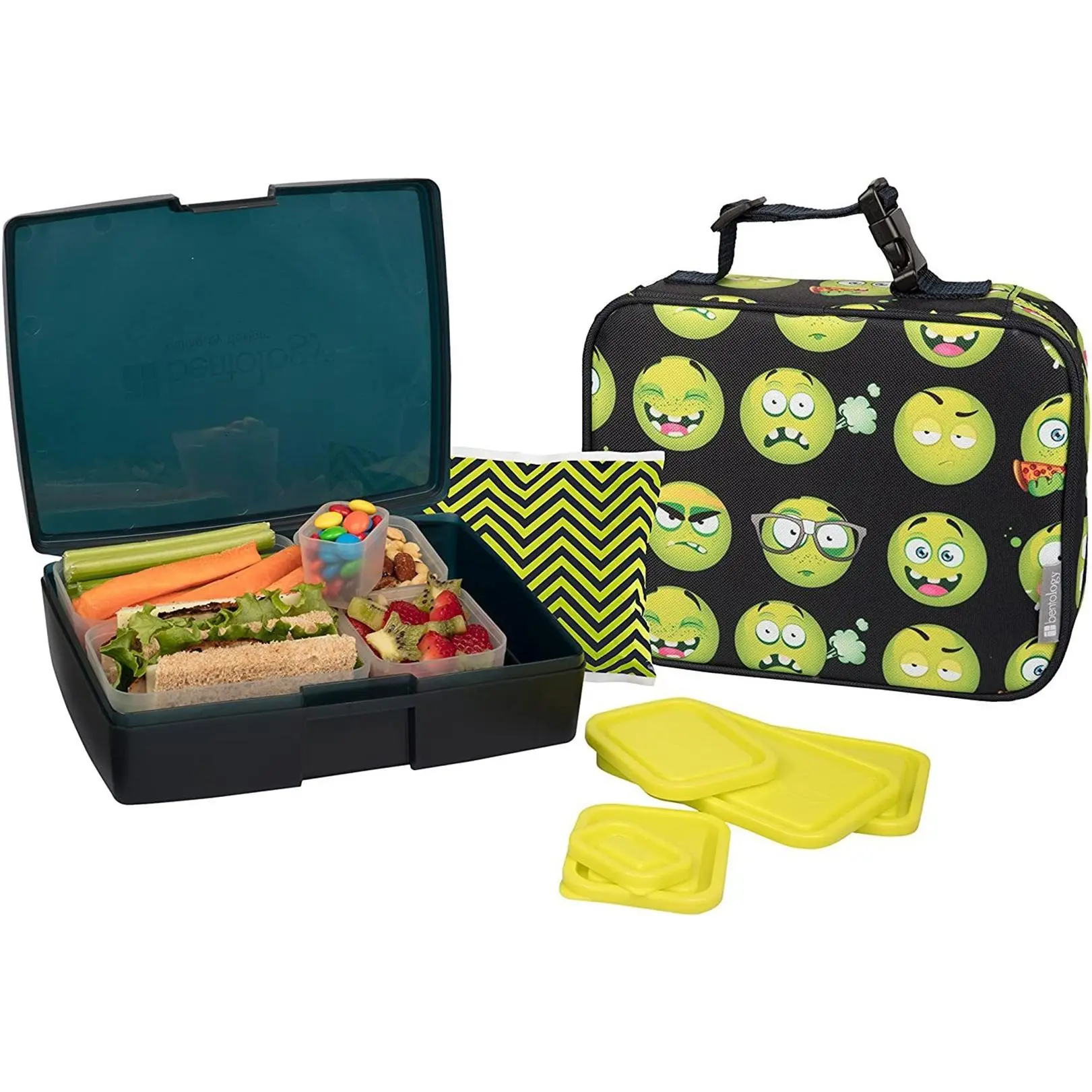 Bentology Lunch Bag and Box Set for Kids - Boys Insulated Lunchbox Tote, Bento Box, 5 Containers and Ice Pack - 9 Pieces - Emoji