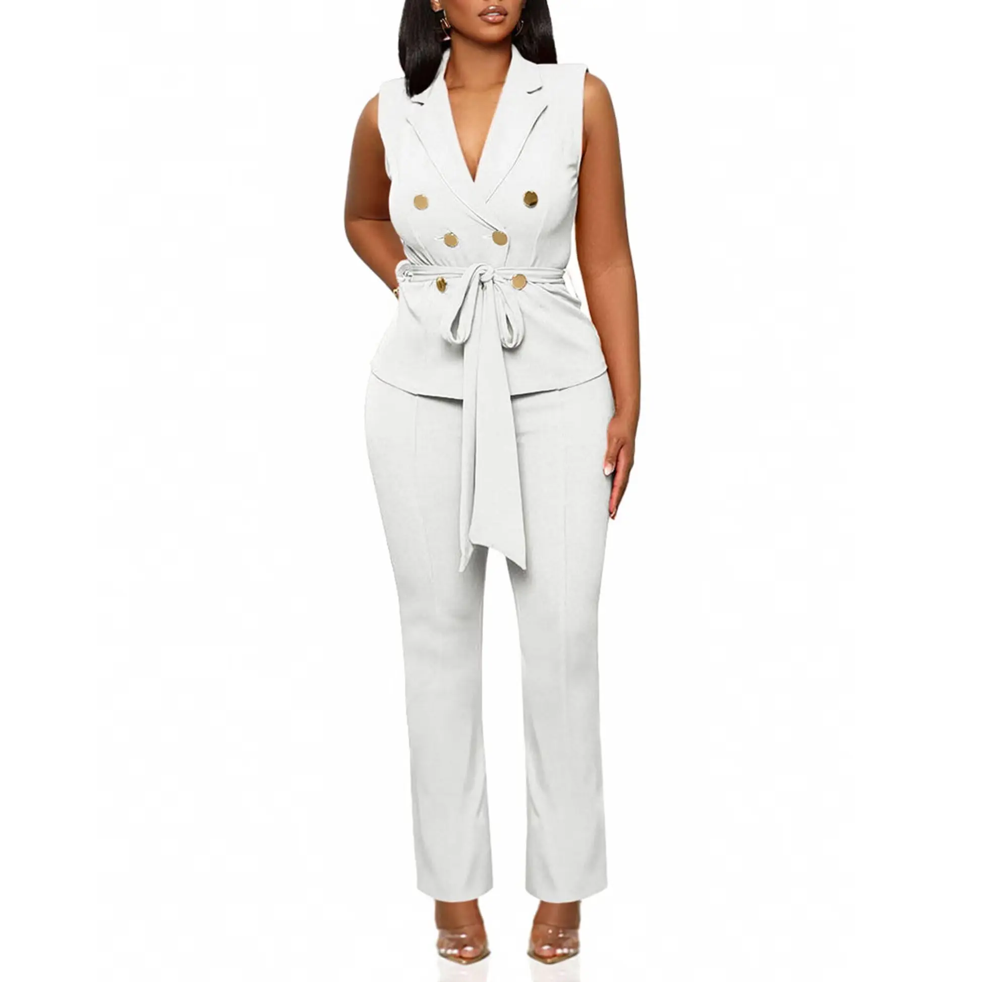 Women's Classy 2-Piece Polyester Pants Set - Chic Buttoned Sleeveless V-Neck Blazer Vest, Matching High-Waist Wide-Leg Belted Elastic Trousers for Business, Office