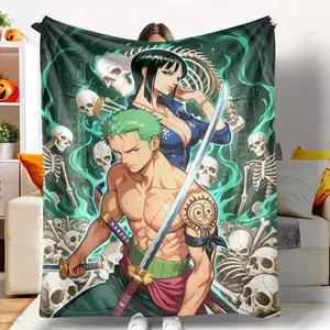 Anime Samurai and Mystic Sorceress Flannel Blanket Skeleton Flame Art Print Design Ultra Soft Warm Breathable Cozy Decorative Throw Perfect for Bedroom Living Room Office Sofa Gift Collection Movie Nights tiktokshopspringglowup