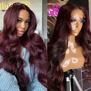 【Blend】Bye Bye Knots Glueless Wigs Wine Red Burgundy 13X6 13X4 Lace Front Body Wave Human Hair Wigs Long 34 Inch 99J Colored Lace Frontal Wig Pre Plucked For Women