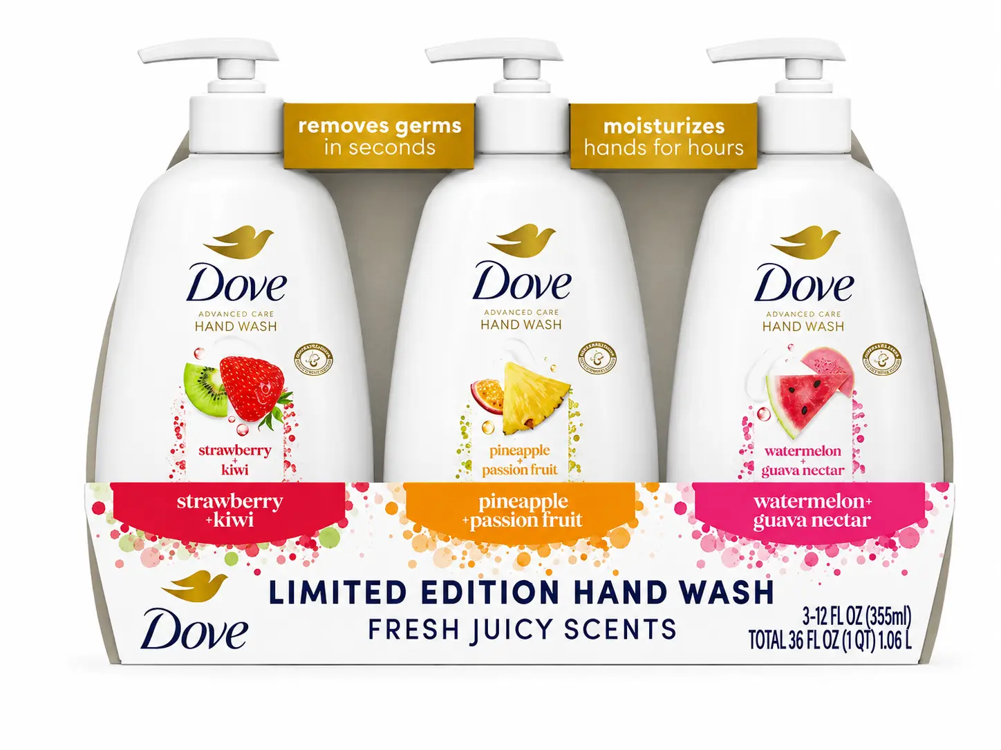 Dove Limited Edition Fruity Liquid Hand Wash Variety Pack, 3 pk./12 oz each. Fresh juicy scents: Strawberry + kiwi, Pineapple + passion fruit, Watermelon + guava nectar. Nourishing hand wash collection. No sulfates, no parabens. Remove germs in seconds