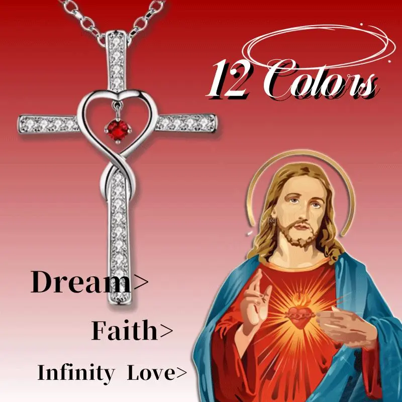 Infinity Cross Heart Necklace – In God We Trust Pendant with Birthstone Zircon Gems