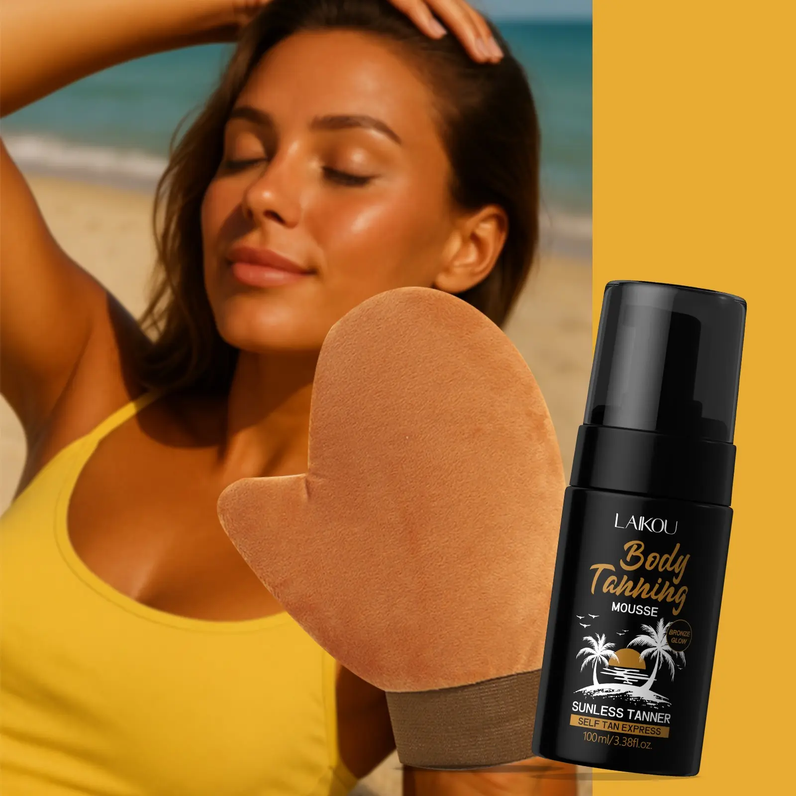 LAIKOU Sunless Tanning Kit - 100ml Sunless Tanner Self Tanning Mousse & Reusable Mitt Set | Quick-Dry Golden Glow Tan for Body & Face | Achieve a Natural Bronze Look without UV Damage | Summer Essentials
